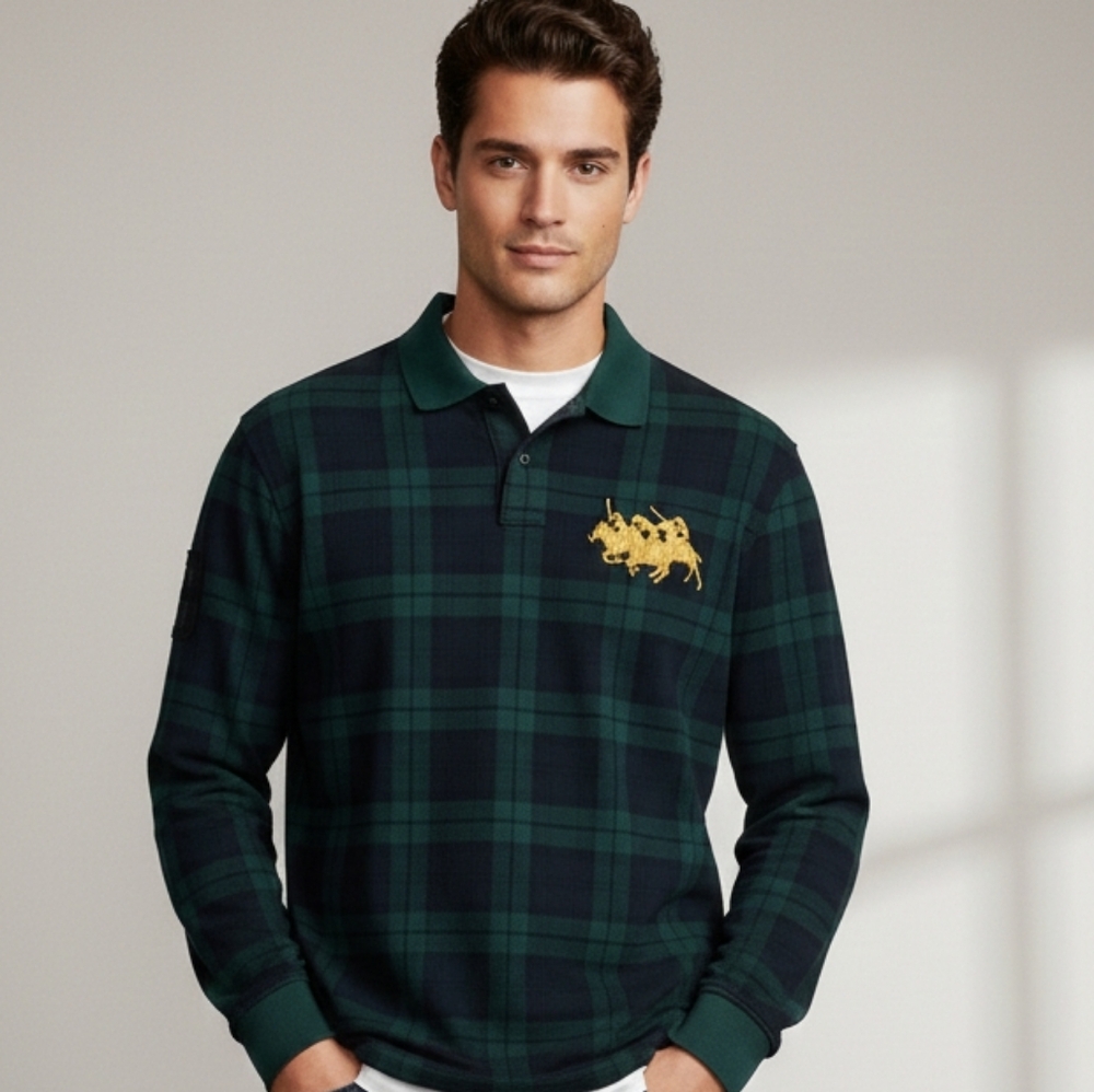 Polo by Ralph Lauren Custom Slim Fit Triple Pony Polo Shirt‎ Blackwatch Plaid XL